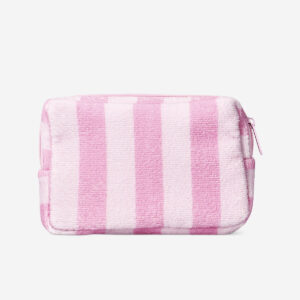 Pink cosmetic bag with stripes and pineapple print