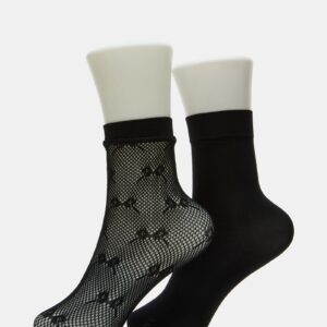 2 Pack Bow Fishnet Anklet Socks Black