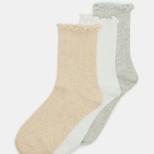 3 Pack Lettuce Edge Ribbed Socks Taupe