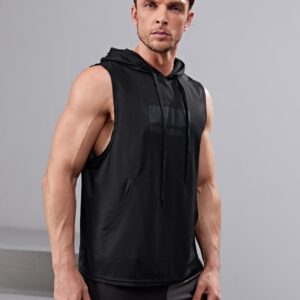 Boyfriend Style Men Kangaroo Pocket Drawstring Hooded Sports Tank Top - Image 3