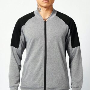 Men Colorblock Zip Up Raglan Sleeve Bomber Sports Jacket Workout Tops Grey Jacket