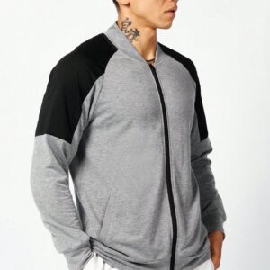 Men Colorblock Zip Up Raglan Sleeve Bomber Sports Jacket Workout Tops Grey Jacket - Image 3