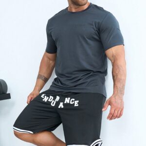 Men Shorts Set Men Solid Sports Tee & Letter Graphic Striped Trim Shorts, Athletic Suit, Tracksuit Workout Set