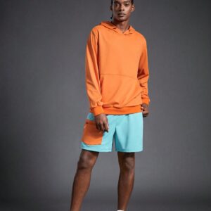 Men Kangaroo Pocket Hoodie & Colorblock Track Shorts, Athletic Suit, Tracksuit Workout Set