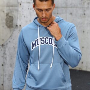 Men Letter Graphic Kangaroo Pocket Drawstring Sports Hoodie Men Sweatshirt