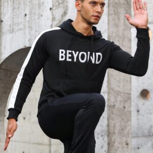 Men Letter Graphic Contrast Side Seam Drawstring Sports Hoodie Men Sweatshirt
