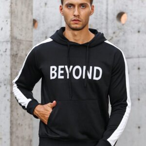 Men Letter Graphic Contrast Side Seam Drawstring Sports Hoodie Men Sweatshirt - Image 3