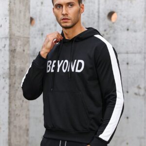 Men Letter Graphic Contrast Side Seam Drawstring Sports Hoodie Men Sweatshirt - Image 7
