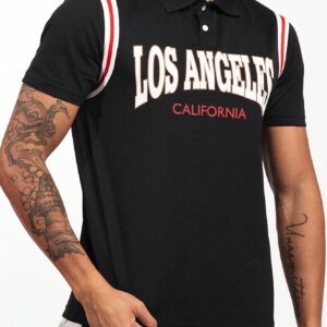 Boyfriend Style Men Letter Graphic Striped Trim Sports Polo Shirt Workout Tops Golf Shirt