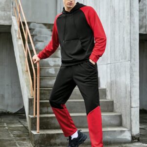 Men Colorblock Kangaroo Pocket Drawstring Sports Hoodie & Sweatpants, Athletic Suit, Tracksuit Workout Set