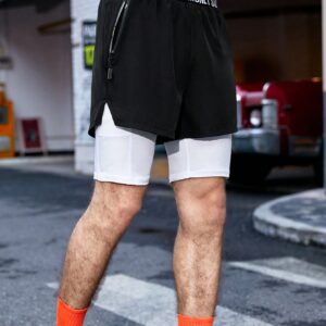 Men Letter Graphic 2 In 1 Sports Shorts With Phone Pocket Jogger Shorts - Image 3