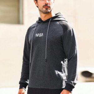 Men Letter Graphic Mixed Media Drawstring Sports Hoodie Men Sweatshirt
