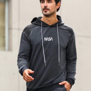 Men Letter Graphic Mixed Media Drawstring Sports Hoodie Men Sweatshirt - Image 3