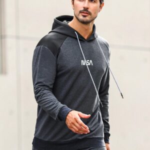 Men Letter Graphic Mixed Media Drawstring Sports Hoodie Men Sweatshirt - Image 5