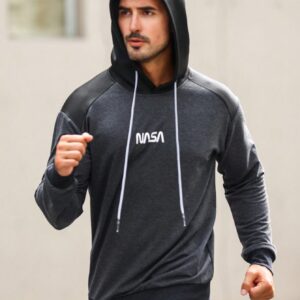Men Letter Graphic Mixed Media Drawstring Sports Hoodie Men Sweatshirt - Image 8
