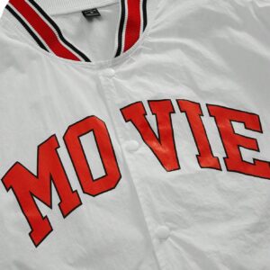 Men Letter Graphic Striped Trim Slant Pockets Bomber Jacket Workout Tops - Image 5
