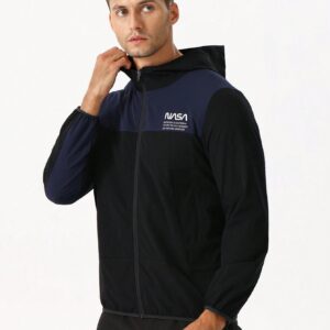 Men Letter Graphic Two Tone Zip Up Hooded Sports Jacket