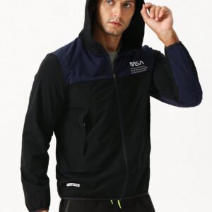Men Letter Graphic Two Tone Zip Up Hooded Sports Jacket - Image 4
