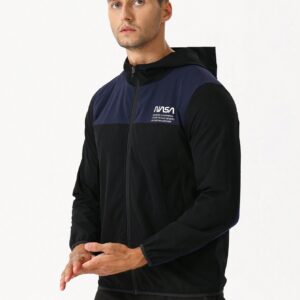 Men Letter Graphic Two Tone Zip Up Hooded Sports Jacket - Image 5