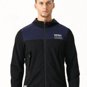 Men Letter Graphic Two Tone Zip Up Hooded Sports Jacket - Image 6