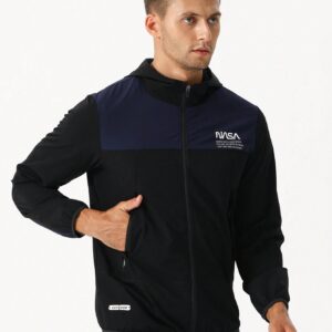 Men Letter Graphic Two Tone Zip Up Hooded Sports Jacket - Image 7