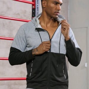 Men Two Tone Zip Up Drawstring Hooded Sports Jacket Workout Tops