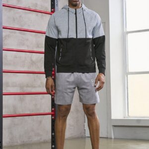 Men Two Tone Zip Up Drawstring Hooded Sports Jacket Workout Tops - Image 3