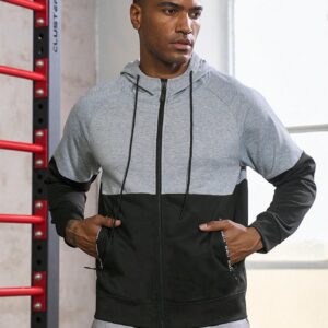 Men Two Tone Zip Up Drawstring Hooded Sports Jacket Workout Tops - Image 4