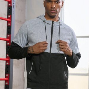 Men Two Tone Zip Up Drawstring Hooded Sports Jacket Workout Tops - Image 5