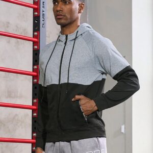Men Two Tone Zip Up Drawstring Hooded Sports Jacket Workout Tops - Image 6