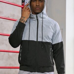 Men Two Tone Zip Up Drawstring Hooded Sports Jacket Workout Tops - Image 7