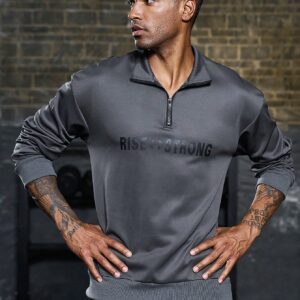 Men Letter Graphic Quarter Zip Sports Jacket Workout Tops Grey Jacket - Image 3
