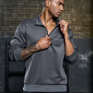 Men Letter Graphic Quarter Zip Sports Jacket Workout Tops Grey Jacket - Image 4