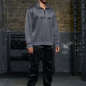 Men Letter Graphic Quarter Zip Sports Jacket Workout Tops Grey Jacket - Image 5
