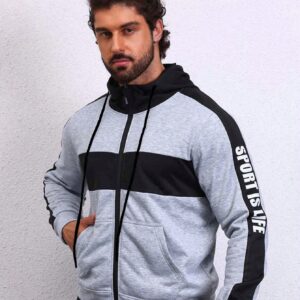 Men Letter Graphic Colorblock Drawstring Hooded Sports Jacket Workout Tops Grey Jacket