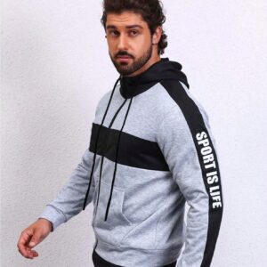 Men Letter Graphic Colorblock Drawstring Hooded Sports Jacket Workout Tops Grey Jacket - Image 3
