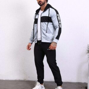 Men Letter Graphic Colorblock Drawstring Hooded Sports Jacket Workout Tops Grey Jacket - Image 5
