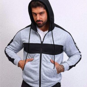 Men Letter Graphic Colorblock Drawstring Hooded Sports Jacket Workout Tops Grey Jacket - Image 6