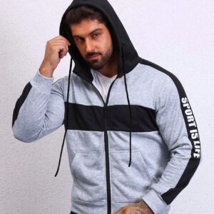Men Letter Graphic Colorblock Drawstring Hooded Sports Jacket Workout Tops Grey Jacket - Image 7
