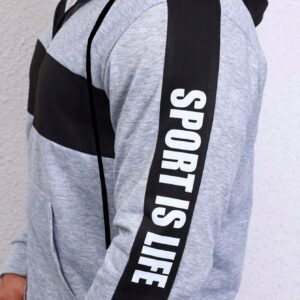 Men Letter Graphic Colorblock Drawstring Hooded Sports Jacket Workout Tops Grey Jacket - Image 8