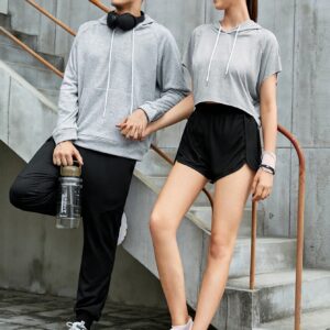 Men 1pc Raglan Sleeve Drawstring Sports Hoodie & 1pc Sweatpants, Athletic Suit, Tracksuit Workout Set