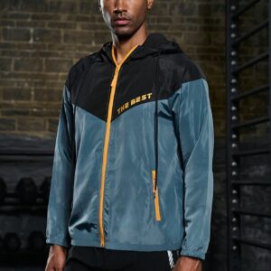 Men Letter Graphic Colorblock Zip Up Hooded Sports Jacket Workout Tops