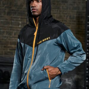 Men Letter Graphic Colorblock Zip Up Hooded Sports Jacket Workout Tops - Image 3