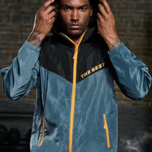 Men Letter Graphic Colorblock Zip Up Hooded Sports Jacket Workout Tops - Image 5
