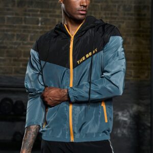 Men Letter Graphic Colorblock Zip Up Hooded Sports Jacket Workout Tops - Image 6
