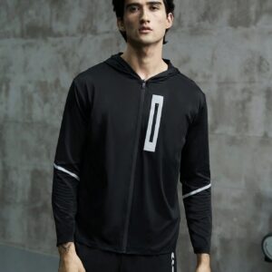 Boyfriend Style Men Geo Print Zip Up Hooded Sports Jacket Workout Tops