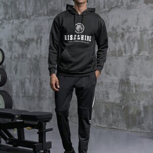 Boyfriend Style Men Letter & Wolf Graphic Kangaroo Pocket Drawstring Sports Hoodie Boyfriend Style Men Sweatshirt - Image 3
