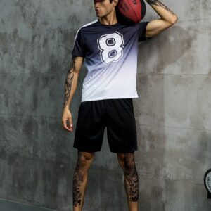 Men Letter Graphic Contrast Side Seam Sports Tee And Shorts Set, Athletic Suit, Tracksuit Workout Set Workout Sets - Image 3