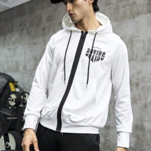 Boyfriend Style Men's Letter Printed Drawstring Hooded Sports Jacket Workout Tops