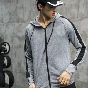 Boyfriend Style Men Contrast Side Seam Raglan Sleeve Drawstring Hooded Sports Jacket Workout Tops Grey Jacket